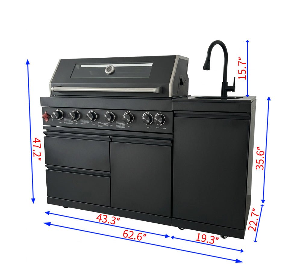 63" 6-Burner 85000 BTU Black Outdoor Kitchen Island Grill + Marble Countertops + Sink - Home Outpost Supply