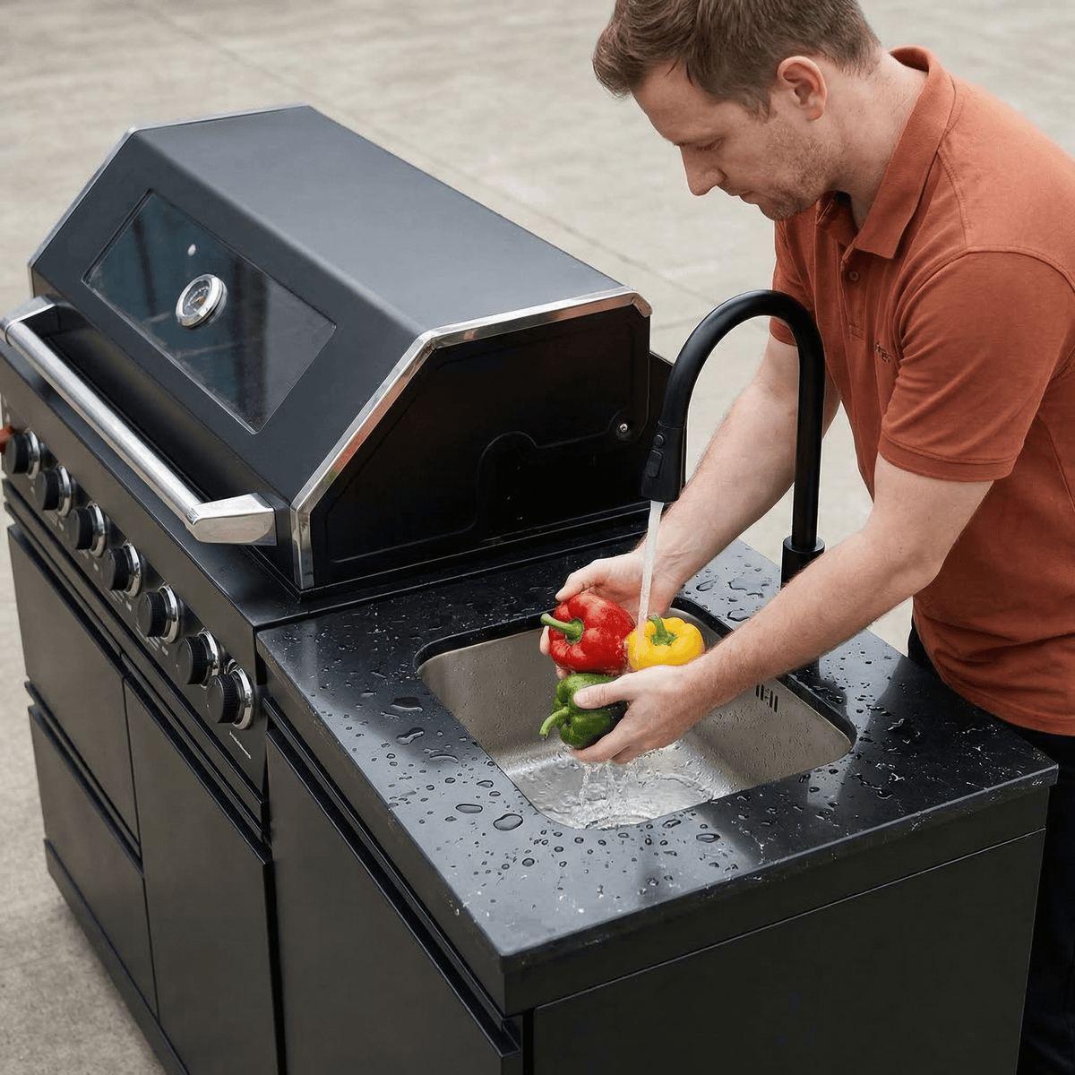 63" 6-Burner 85000 BTU Black Outdoor Kitchen Island Grill + Marble Countertops + Sink - Home Outpost Supply