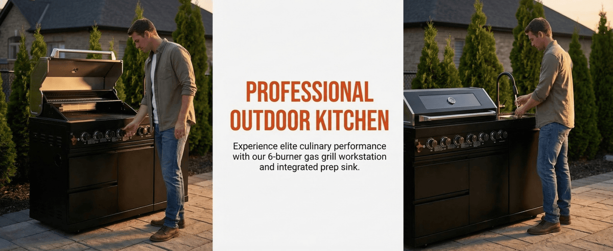 63" 6-Burner 85000 BTU Black Outdoor Kitchen Island Grill + Marble Countertops + Sink - Home Outpost Supply