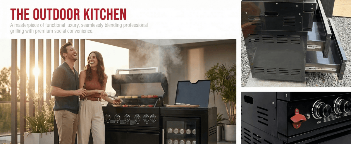 63" 6-Burner Black Outdoor Kitchen Island Grill + Fridge - Home Outpost Supply