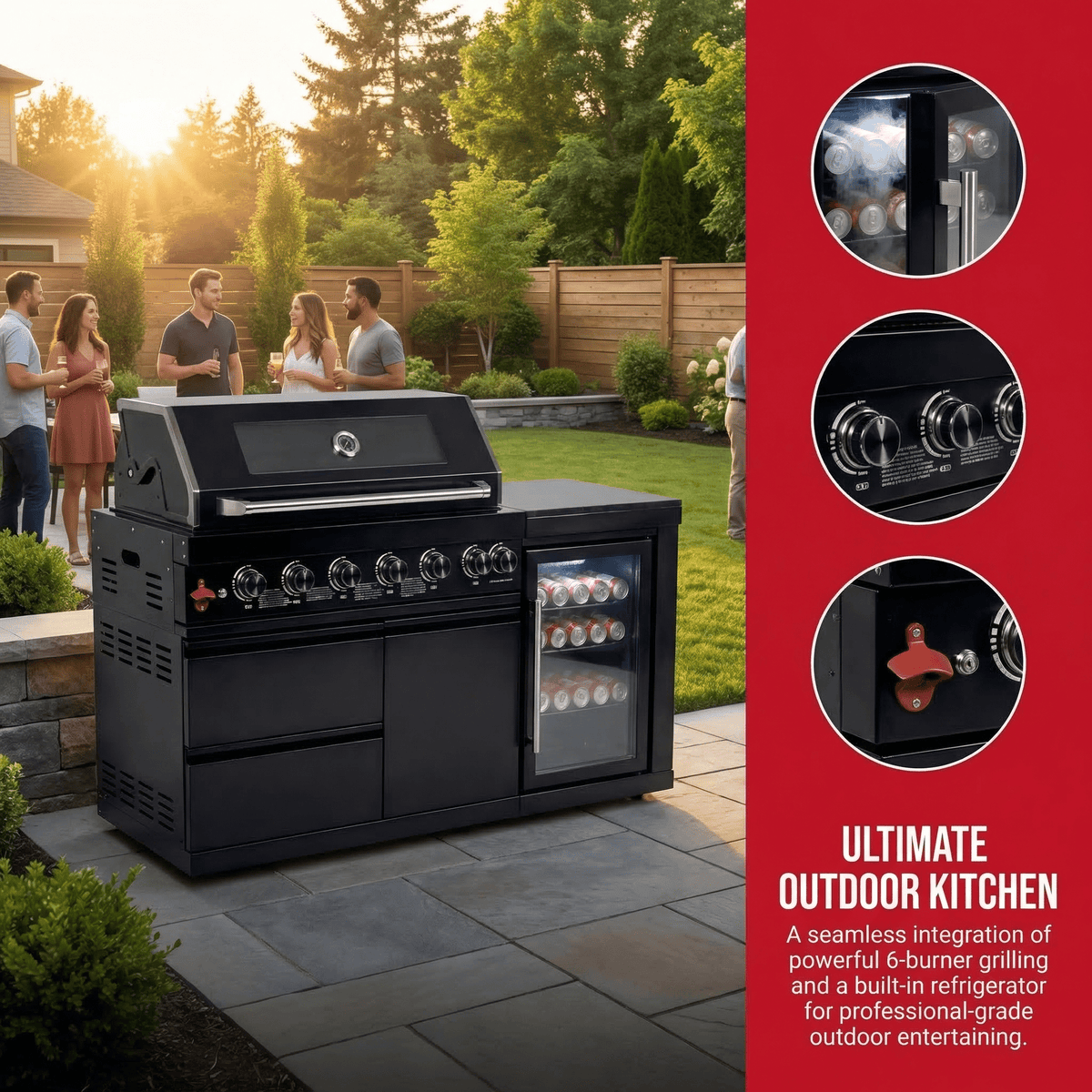 63" 6-Burner Black Outdoor Kitchen Island Grill + Fridge - Home Outpost Supply