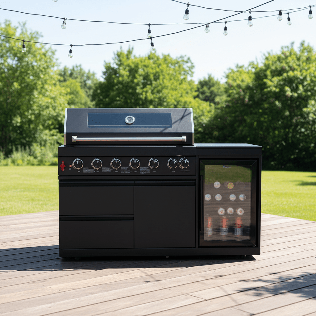 63" 6-Burner Black Outdoor Kitchen Island Grill + Fridge - Home Outpost Supply