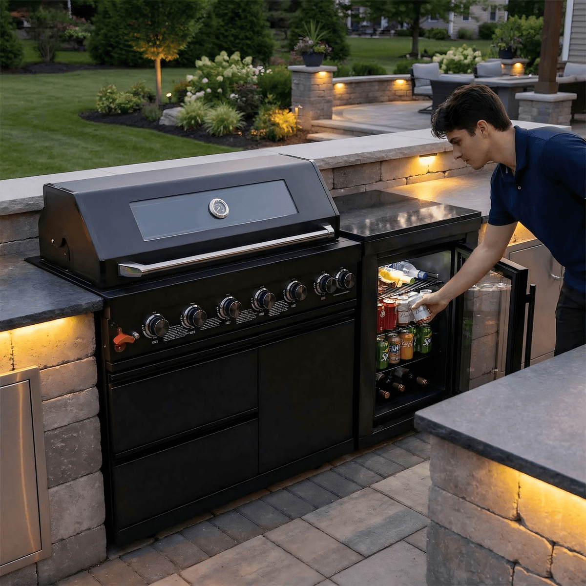 63" 6-Burner Black Outdoor Kitchen Island Grill + Fridge - Home Outpost Supply