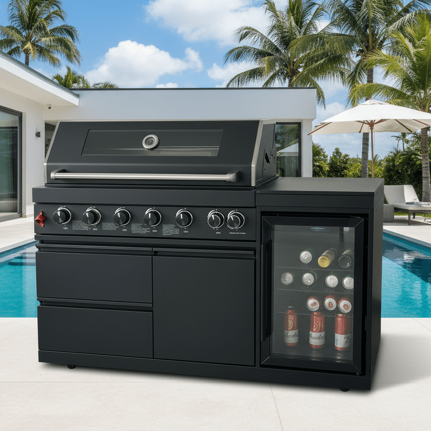 63" 6-Burner Black Outdoor Kitchen Island Grill + Fridge - Home Outpost Supply