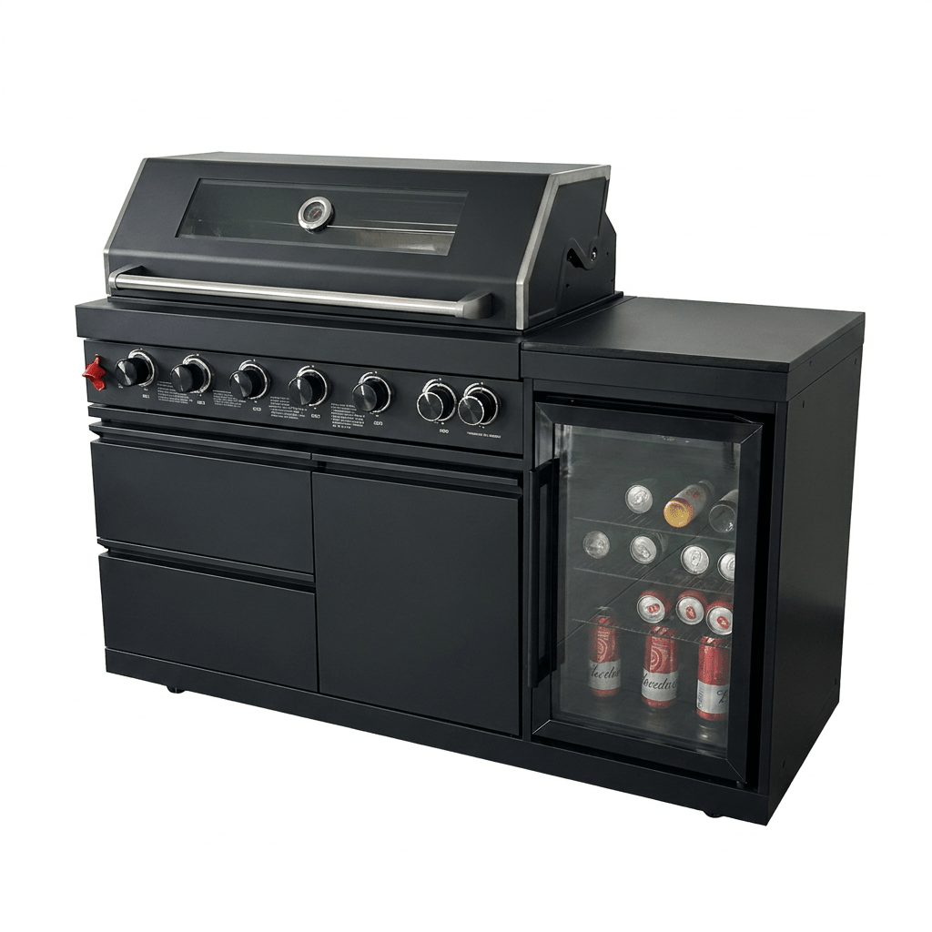 63" 6-Burner Black Outdoor Kitchen Island Grill + Fridge - Home Outpost Supply