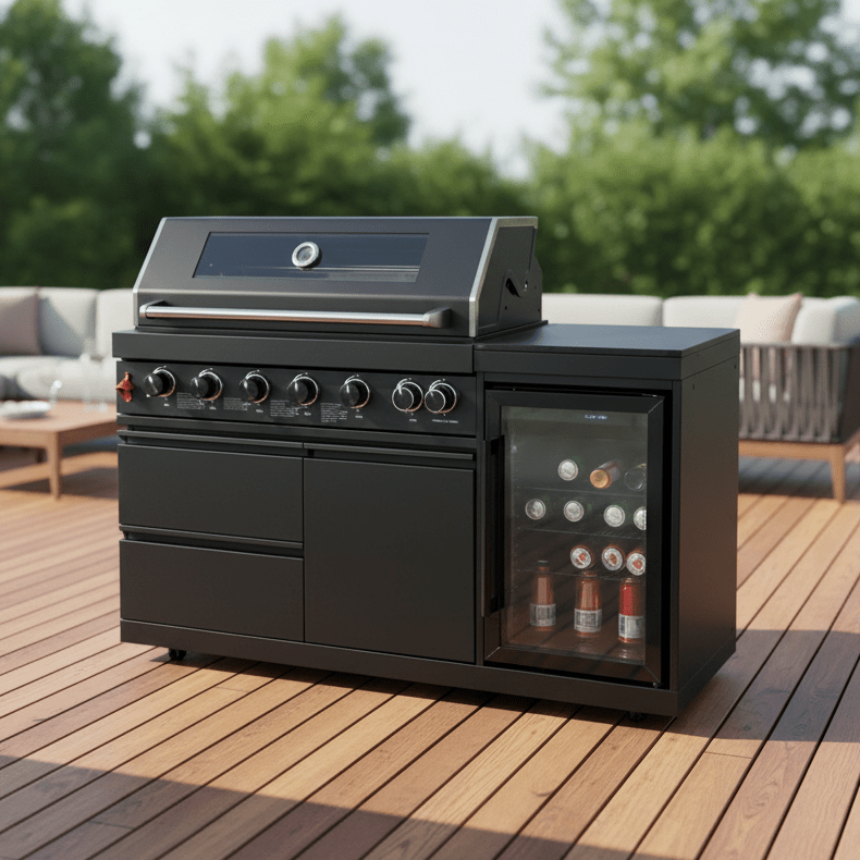 63" 6-Burner Black Outdoor Kitchen Island Grill + Fridge - Home Outpost Supply
