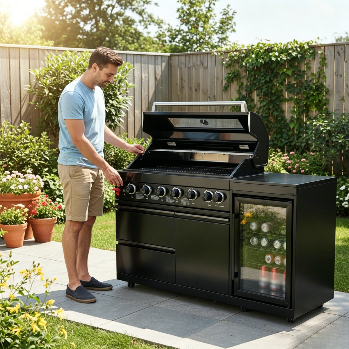 63" 6-Burner Black Outdoor Kitchen Island Grill + Fridge - Home Outpost Supply