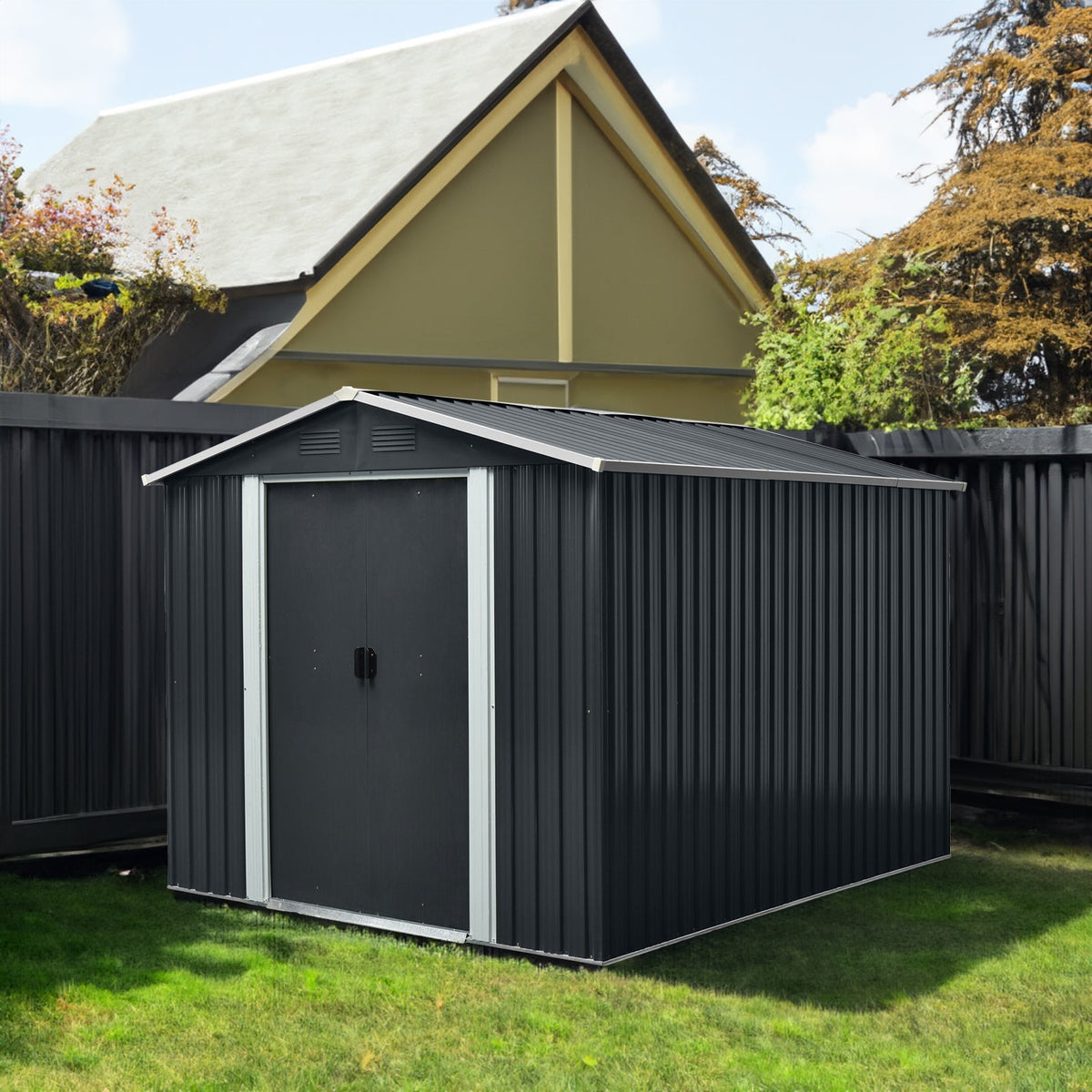 8' x 10' Black Metal Storage Shed with Foundation Frame & Accessories