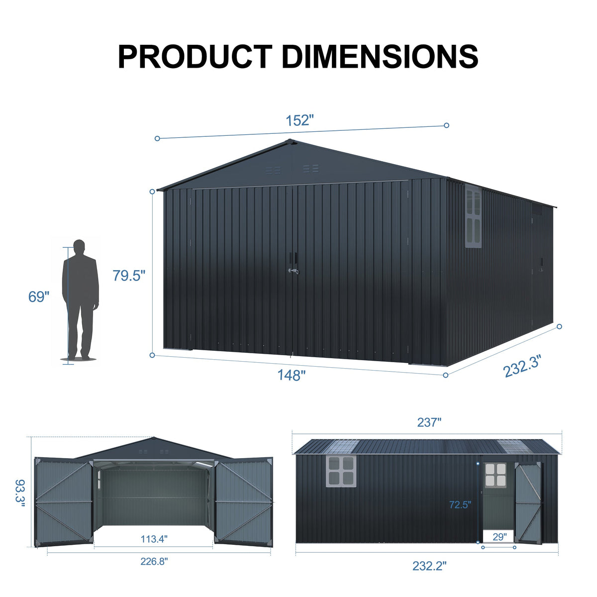 20' x 13' Metal Storage Shed with Skylight & Side Entry Door