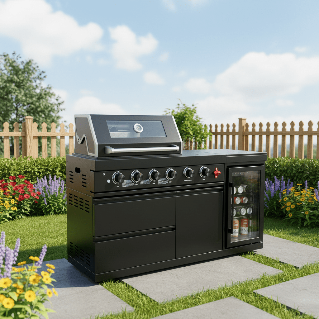 65" 4-Burner 72,000 BTU Black Outdoor Kitchen Island Grill Marble Countertops Wine Cooler - Home Outpost Supply