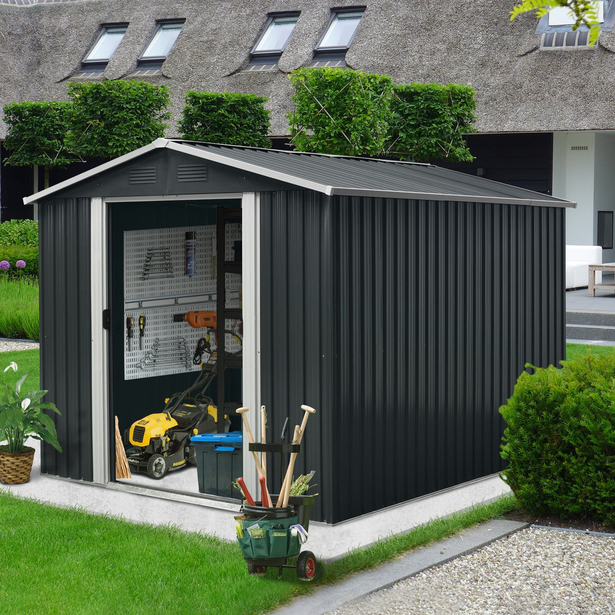 8' x 10' Black Metal Storage Shed with Foundation Frame & Accessories