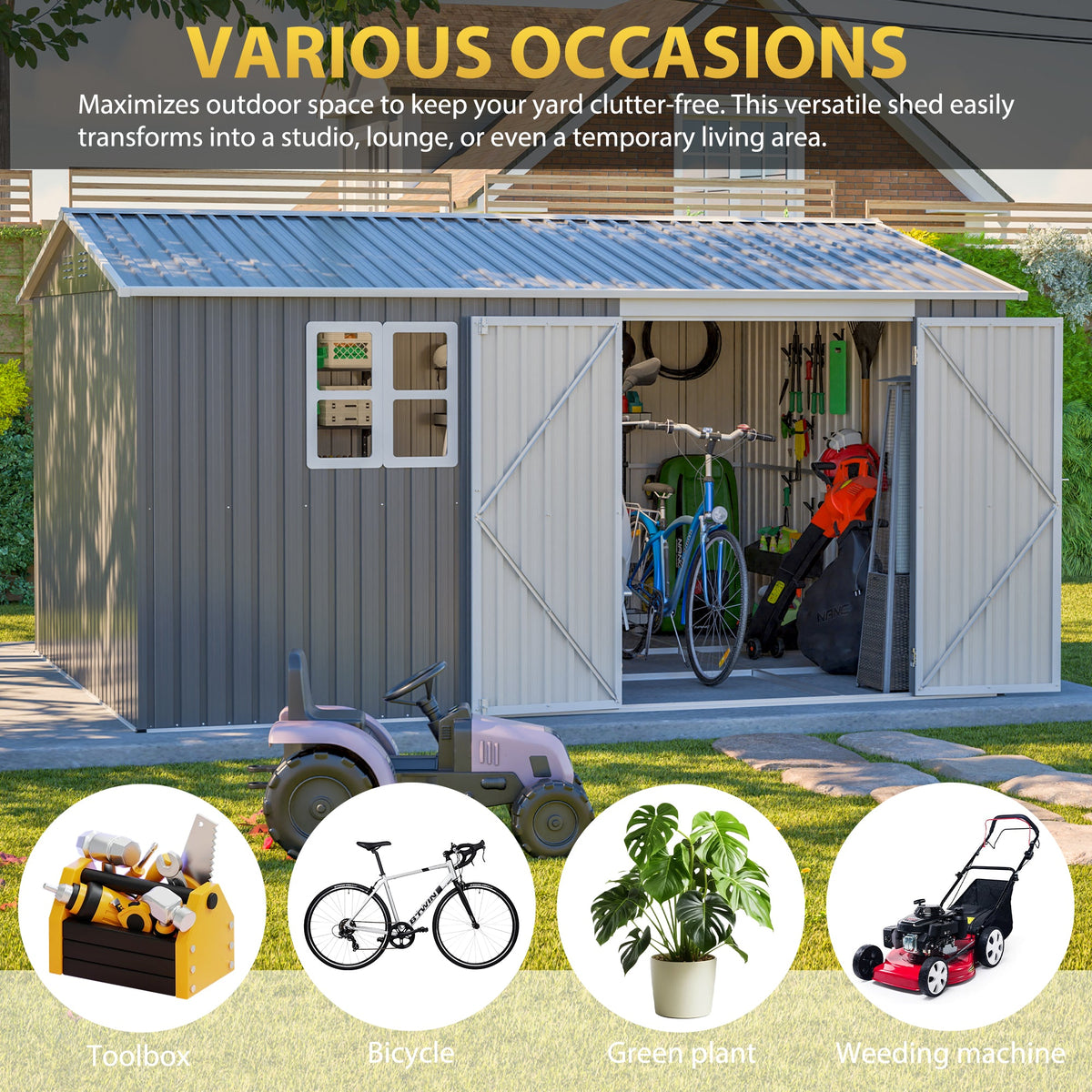 12' x 10' Outdoor Metal Storage Shed with Lockable Double Doors – Grey