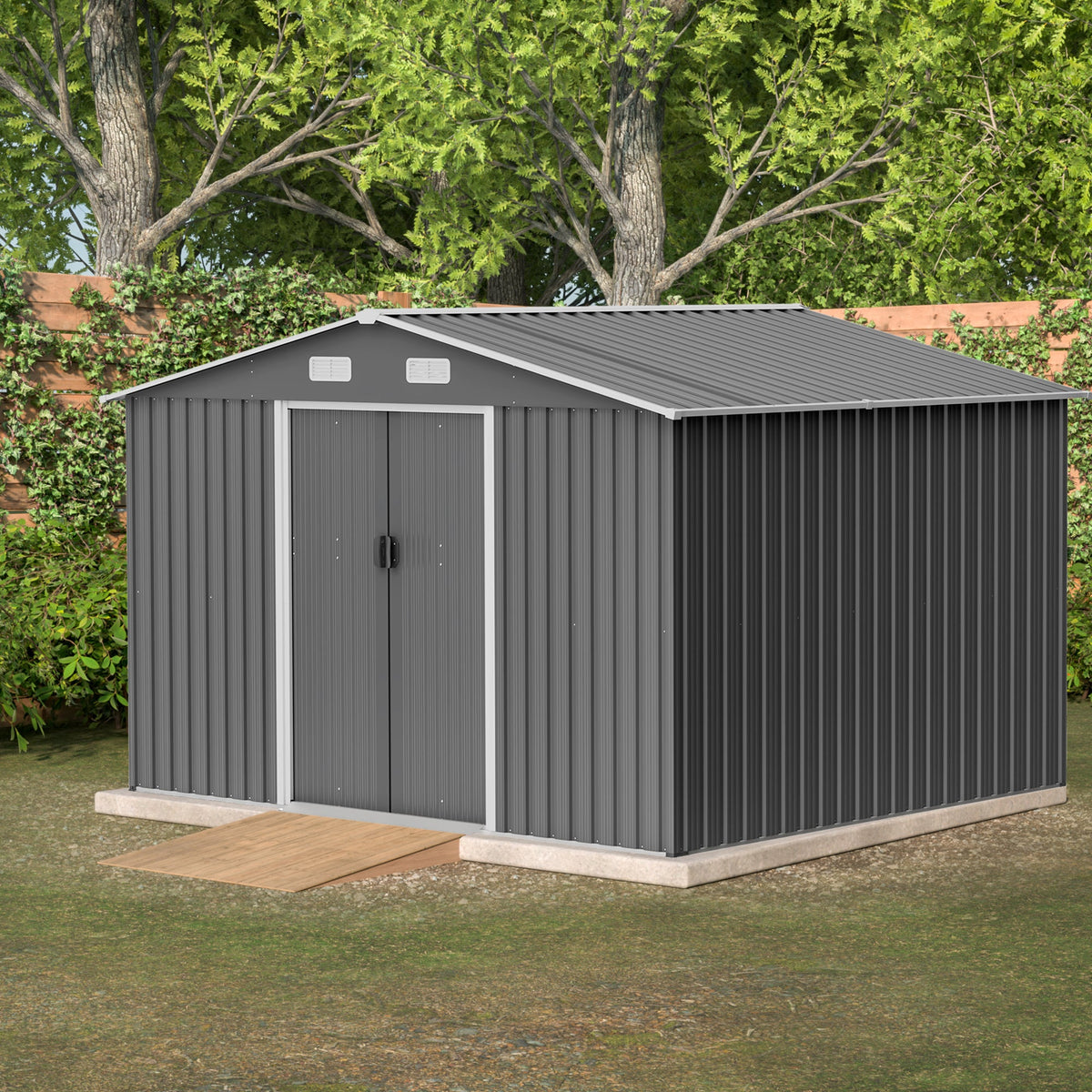 10' x 8' Outdoor Metal Storage Shed with Foundation & Lockable Doors – Gray