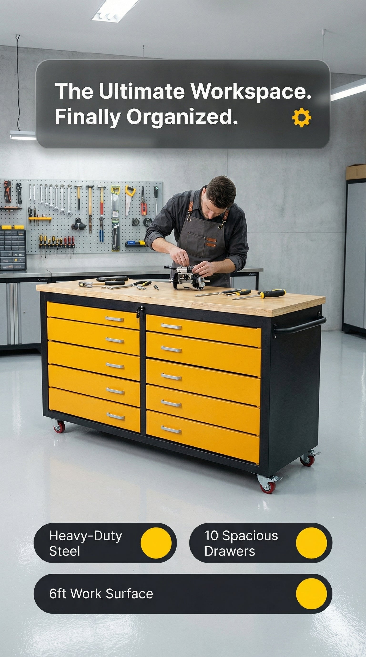 6ft Heavy Duty Mobile Workbench with 10 Drawers