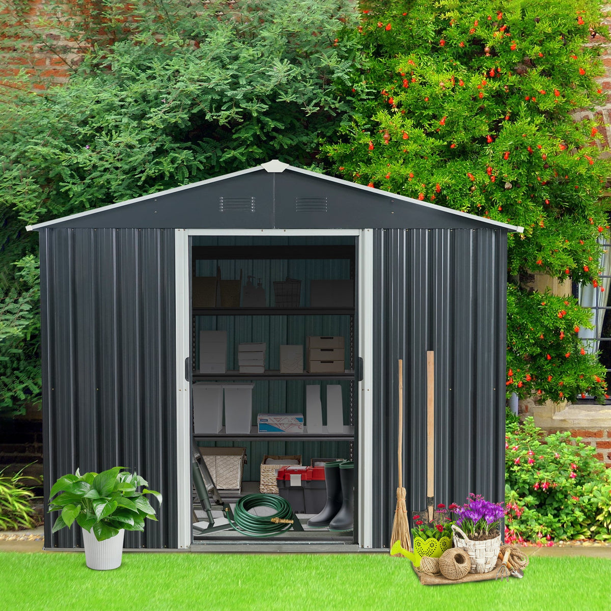8' x 10' Black Metal Storage Shed with Foundation Frame & Accessories