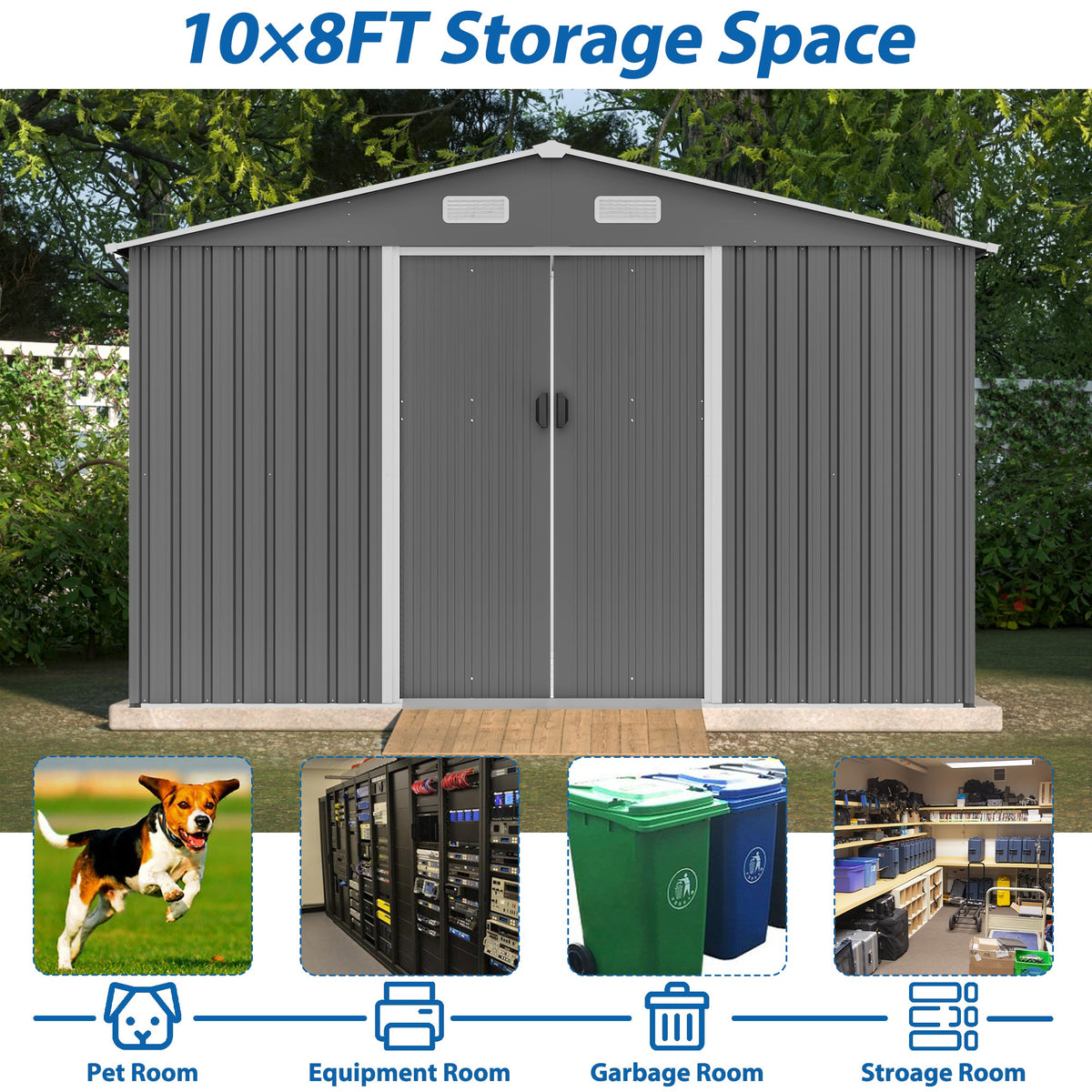10' x 8' Outdoor Metal Storage Shed with Foundation & Lockable Doors – Gray