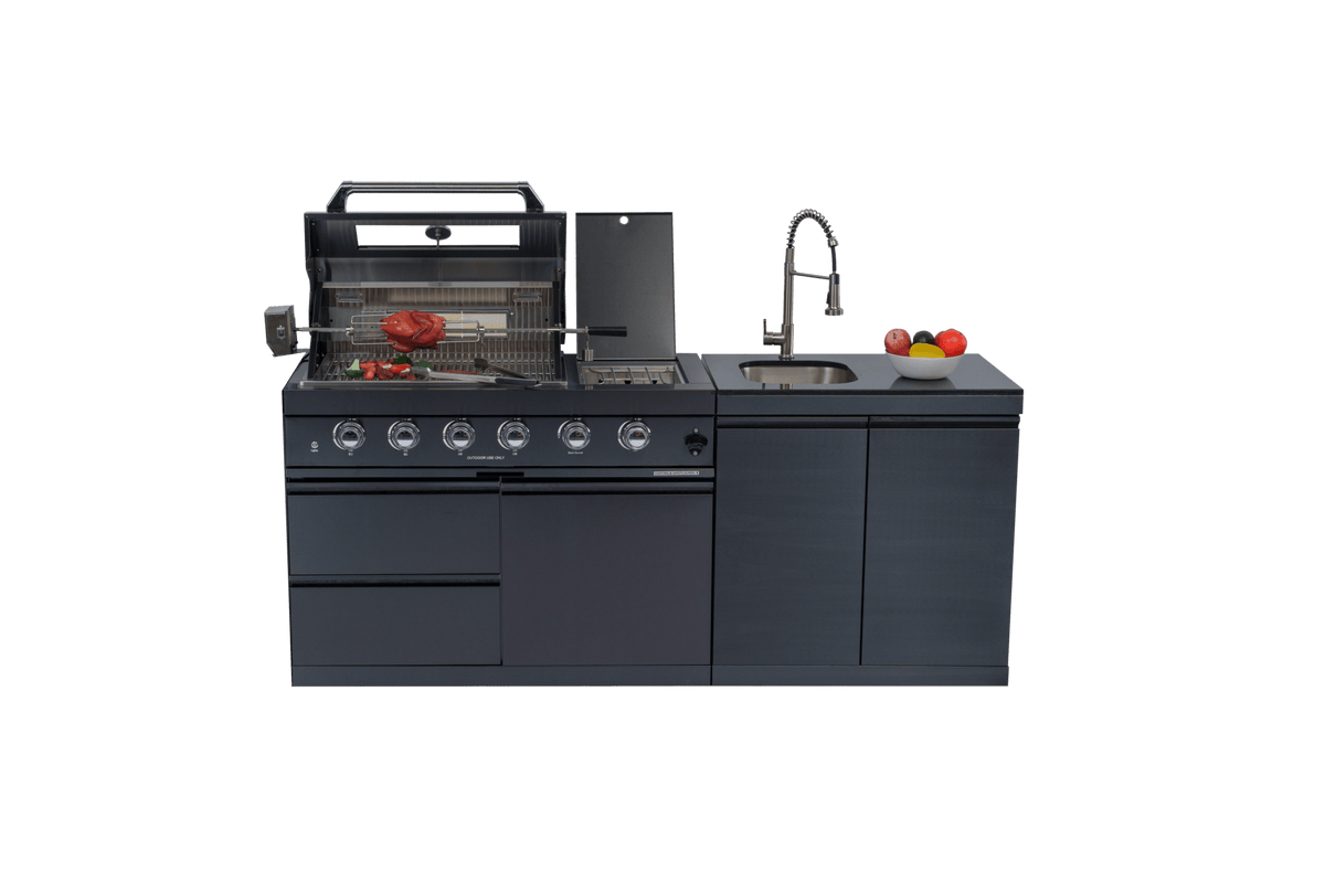 79" 4-Burner 72,000 BTU Black Outdoor Kitchen Island Grill + Side Burner + Rotisserie kit +Sink - Home Outpost Supply