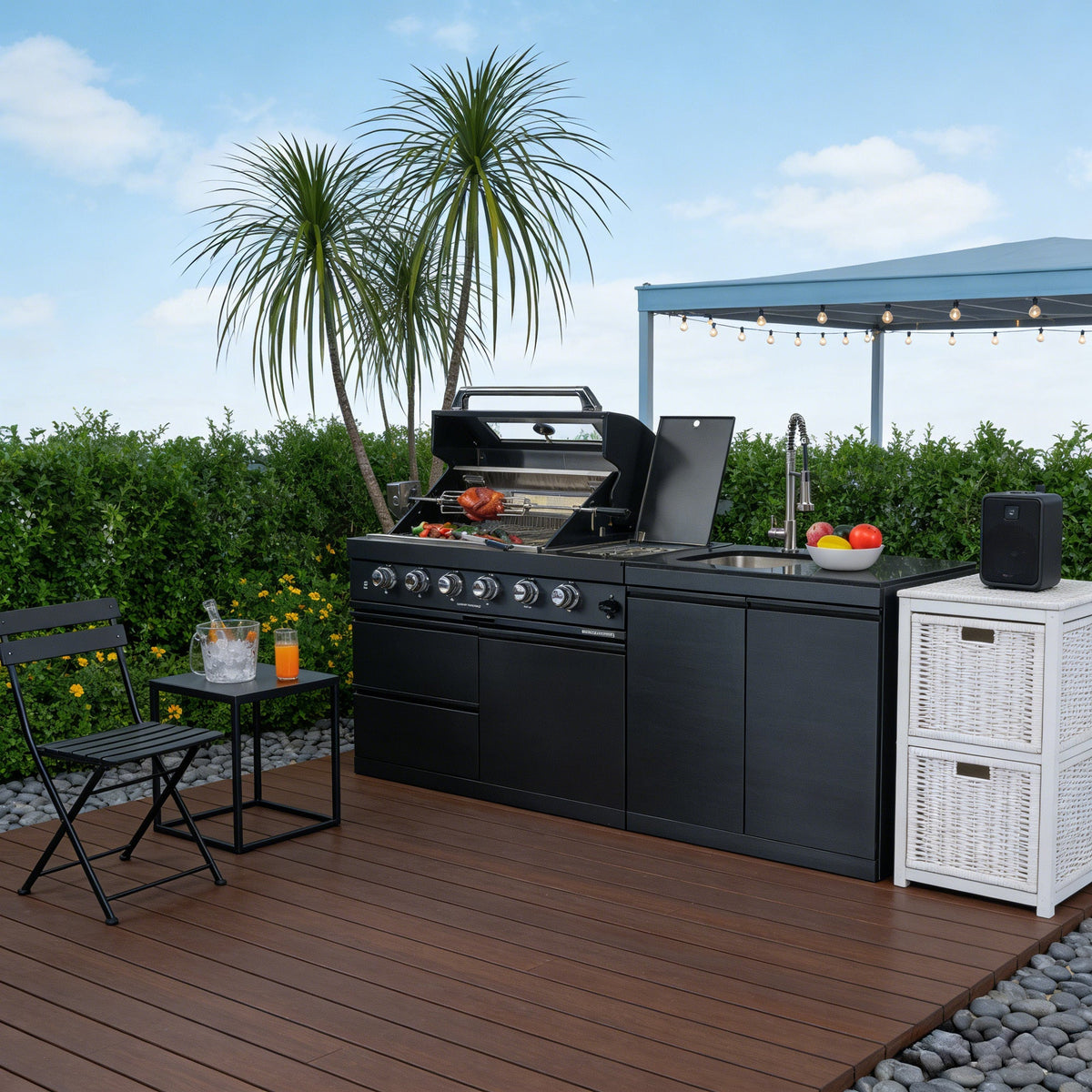 79" 4-Burner 72,000 BTU Black Outdoor Kitchen Island Grill + Side Burner + Rotisserie kit +Sink - Home Outpost Supply