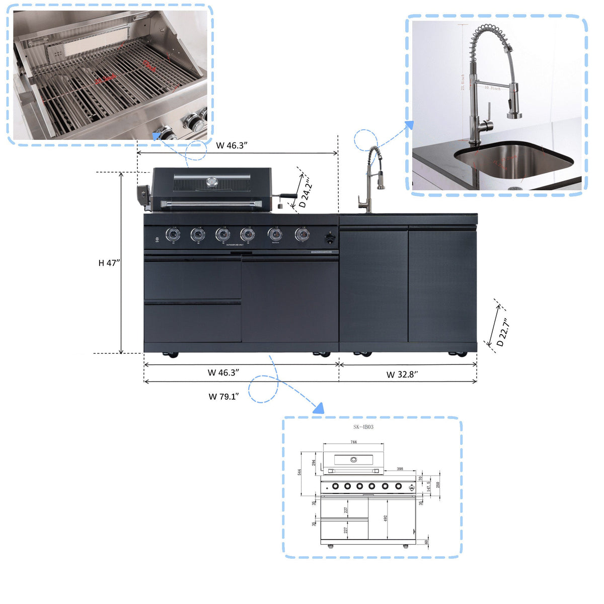 79" 4-Burner 72,000 BTU Black Outdoor Kitchen Island Grill + Side Burner + Rotisserie kit +Sink - Home Outpost Supply