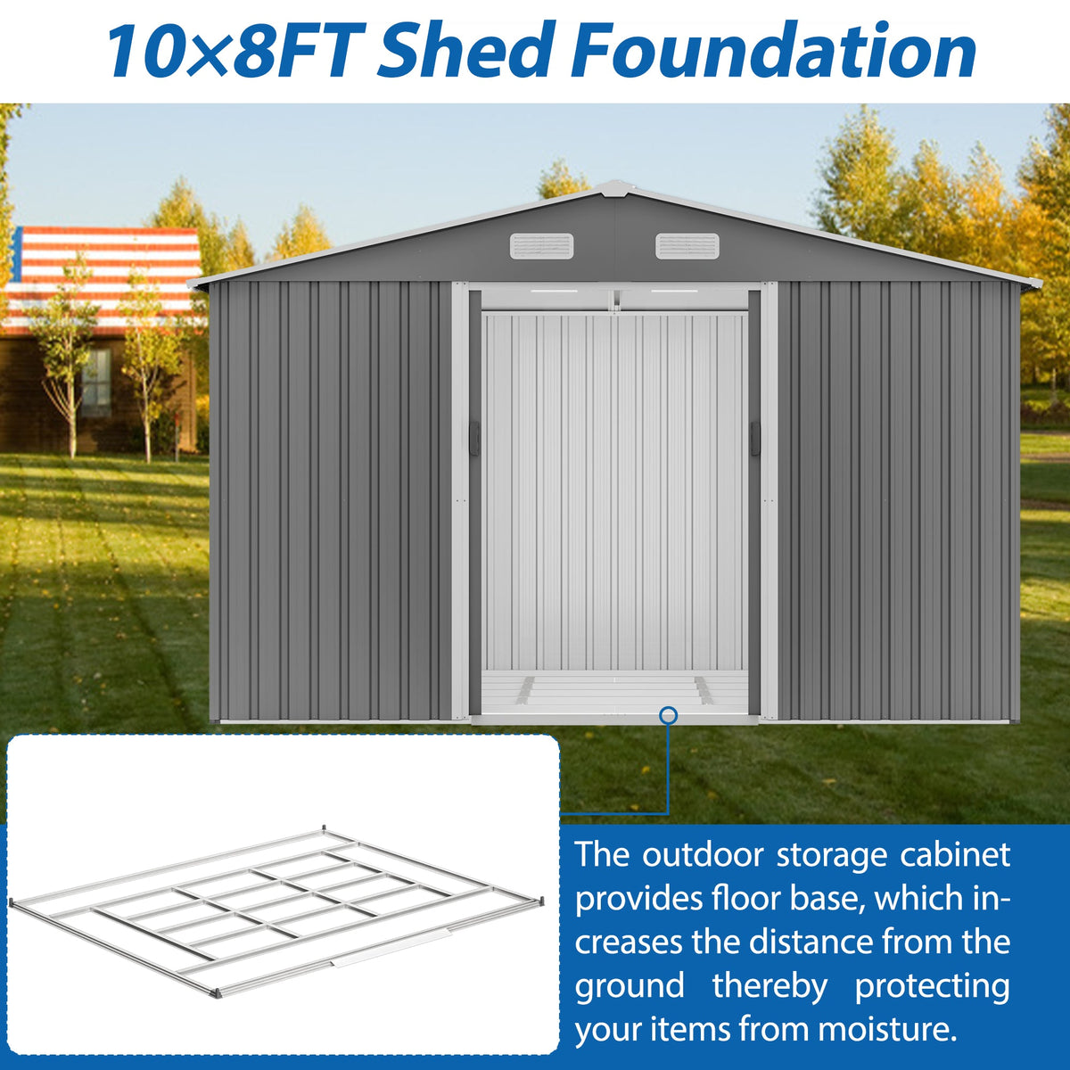 10' x 8' Outdoor Metal Storage Shed with Foundation & Lockable Doors – Gray