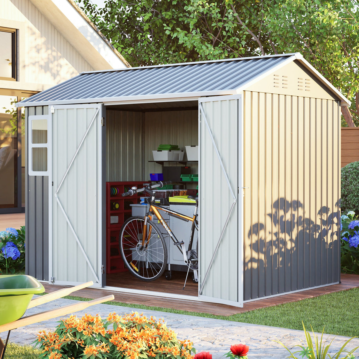 8' x 6' Metal Storage Shed with Window & Lockable Doors – Dark Gray