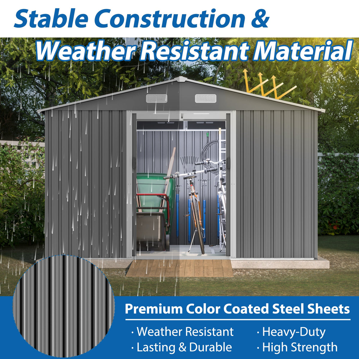 10' x 8' Outdoor Metal Storage Shed with Foundation & Lockable Doors – Gray