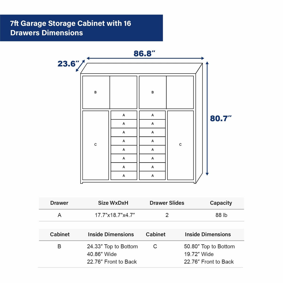 7ft Garage Storage Cabinet with 16 Drawers - Home Outpost Supply