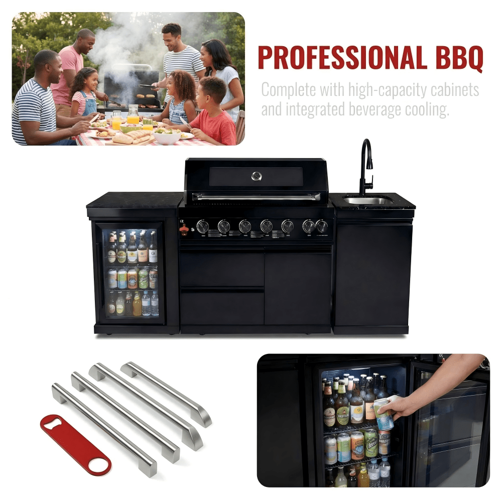82" 6-Burner 85,000 BTU Gas Outdoor Kitchen Island Grill Stainless Steel Sink Wine Cooler - Home Outpost Supply
