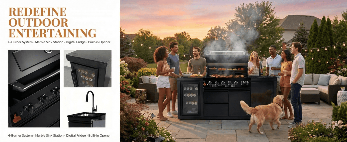 82" 6-Burner 85,000 BTU Gas Outdoor Kitchen Island Grill Stainless Steel Sink Wine Cooler - Home Outpost Supply
