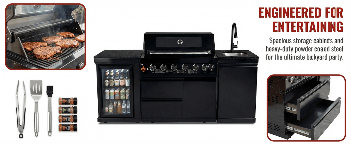 82" 6-Burner 85,000 BTU Gas Outdoor Kitchen Island Grill Stainless Steel Sink Wine Cooler - Home Outpost Supply