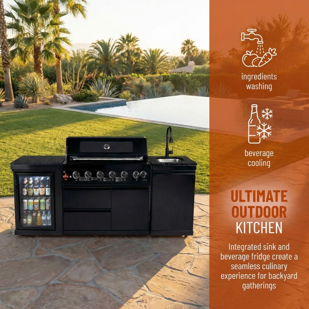 82" 6-Burner 85,000 BTU Gas Outdoor Kitchen Island Grill Stainless Steel Sink Wine Cooler - Home Outpost Supply