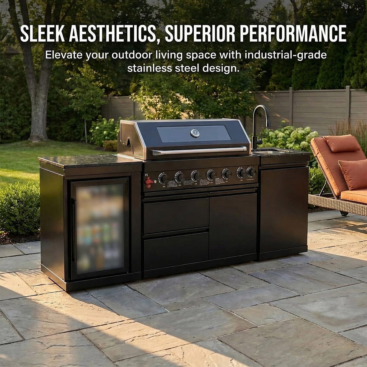 82" 6-Burner 85,000 BTU Gas Outdoor Kitchen Island Grill Stainless Steel Sink Wine Cooler - Home Outpost Supply