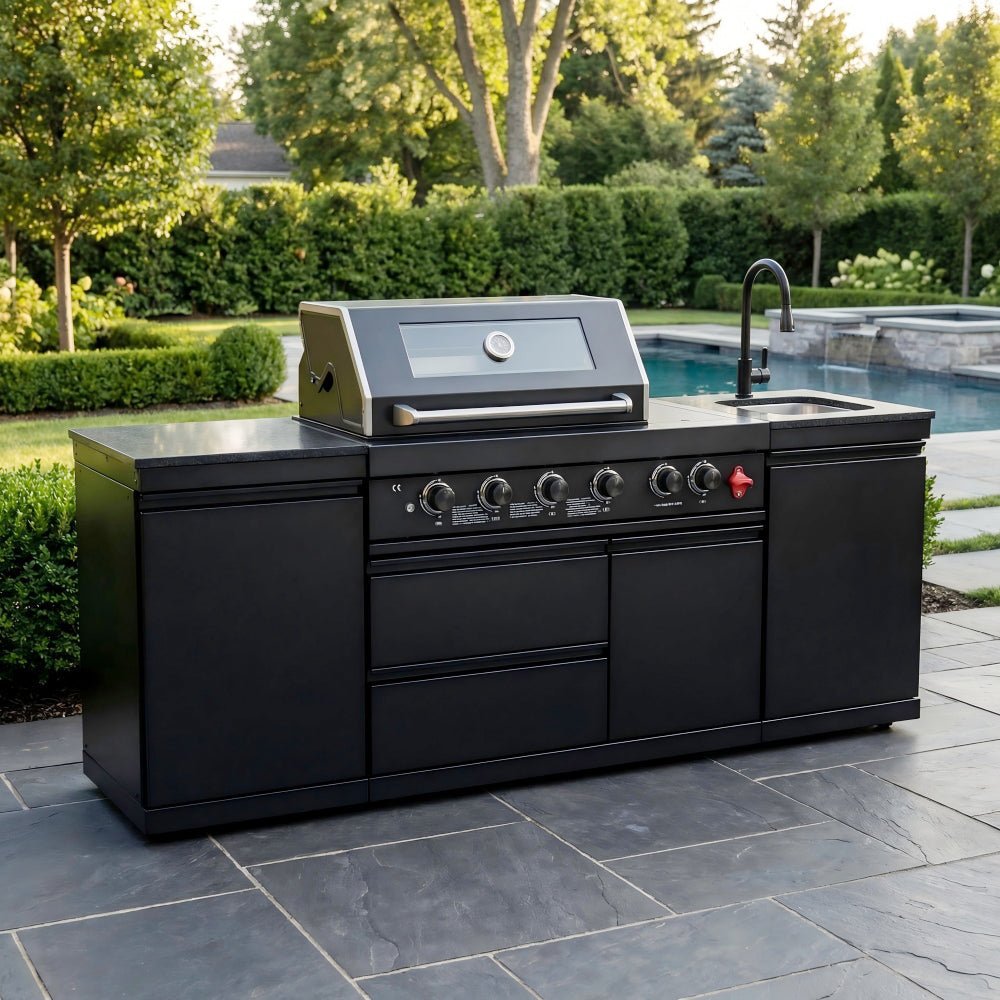 85" 4-Burner 85,000 BTU Black Outdoor Kitchen Island Grill + Storage Cabinets + Sink - Home Outpost Supply