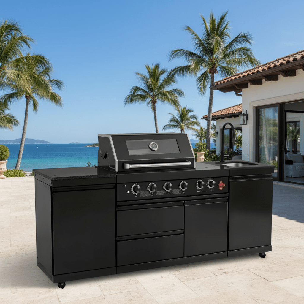 85" 4-Burner 85,000 BTU Black Outdoor Kitchen Island Grill + Storage Cabinets + Sink - Home Outpost Supply