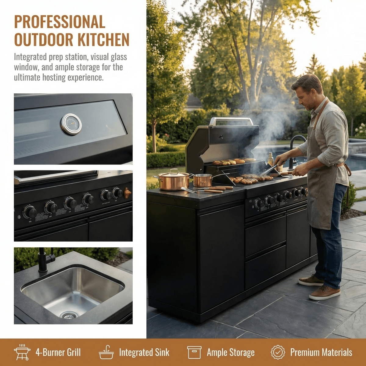 85" 4-Burner 85,000 BTU Black Outdoor Kitchen Island Grill + Storage Cabinets + Sink - Home Outpost Supply