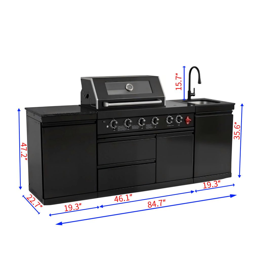 85" 4-Burner 85,000 BTU Black Outdoor Kitchen Island Grill + Storage Cabinets + Sink - Home Outpost Supply