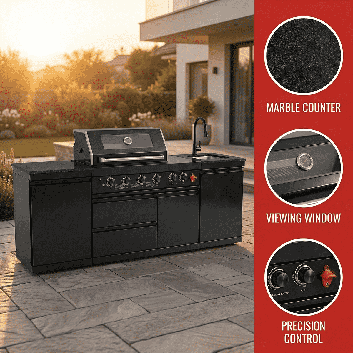 85" 4-Burner 85,000 BTU Black Outdoor Kitchen Island Grill + Storage Cabinets + Sink - Home Outpost Supply