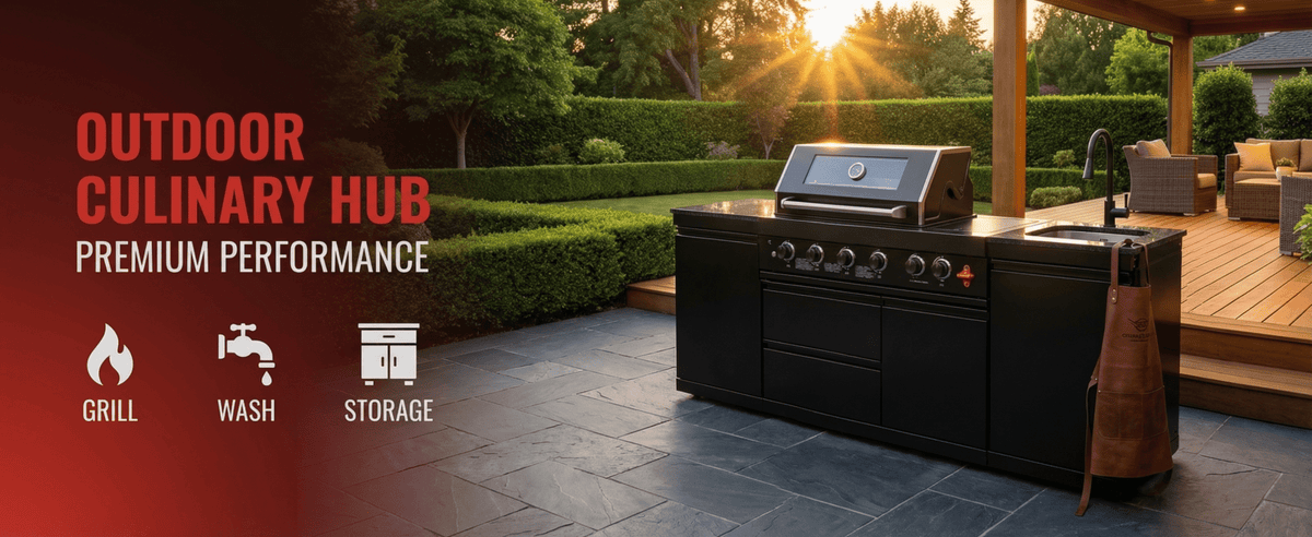 85" 4-Burner 85,000 BTU Black Outdoor Kitchen Island Grill + Storage Cabinets + Sink - Home Outpost Supply