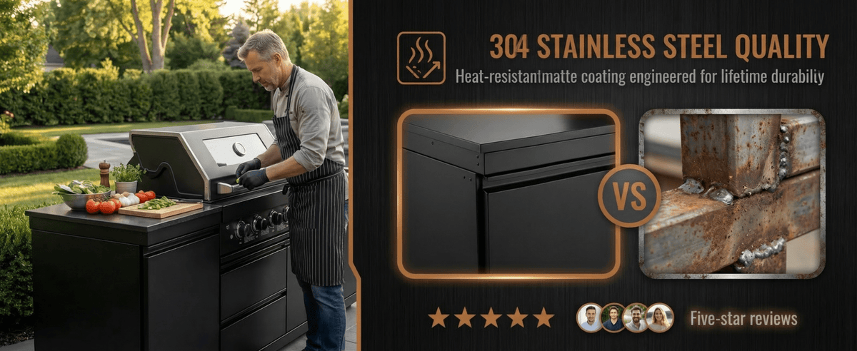 85" 4-Burner 85,000 BTU Black Outdoor Kitchen Island Grill + Storage Cabinets + Sink - Home Outpost Supply