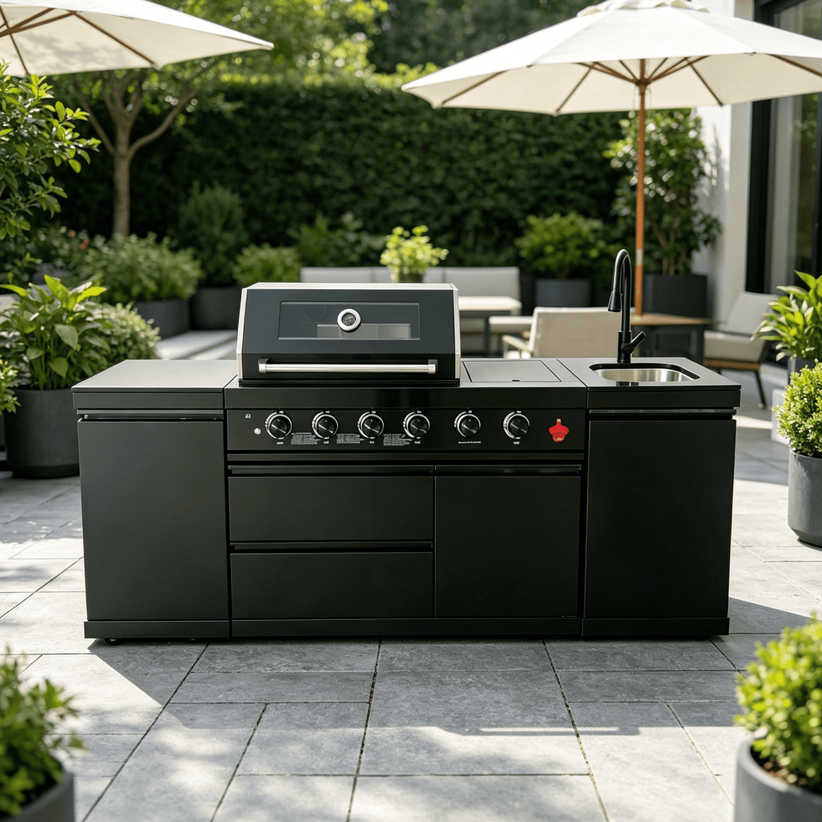 85" 4-Burner 85,000 BTU Black Outdoor Kitchen Island Grill + Storage Cabinets + Sink - Home Outpost Supply