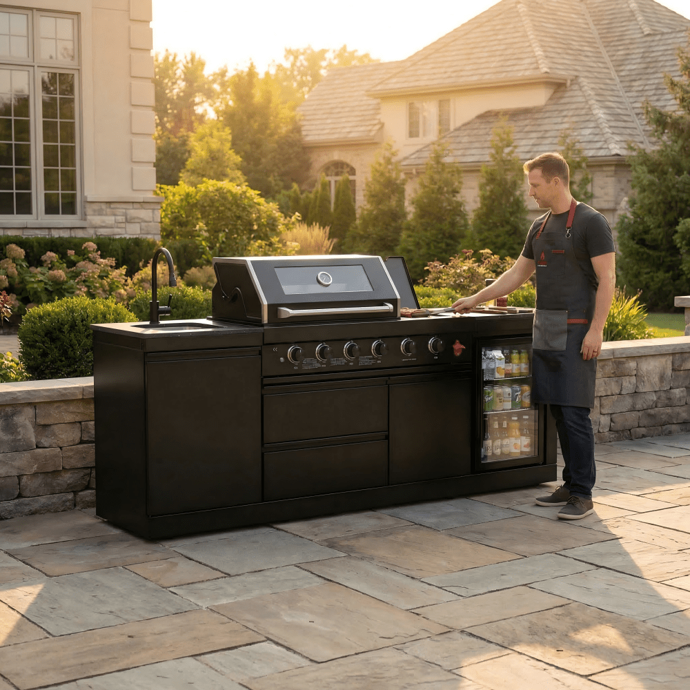85" 4-Burner 85000 BTU Black Outdoor Kitchen Island Grill with Compact Refrigerator Marble Countertops Sink - Home Outpost Supply