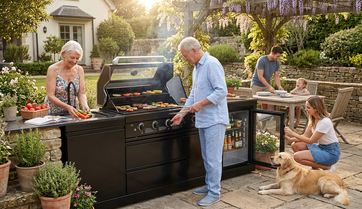 85" 4-Burner 85000 BTU Black Outdoor Kitchen Island Grill with Compact Refrigerator Marble Countertops Sink - Home Outpost Supply