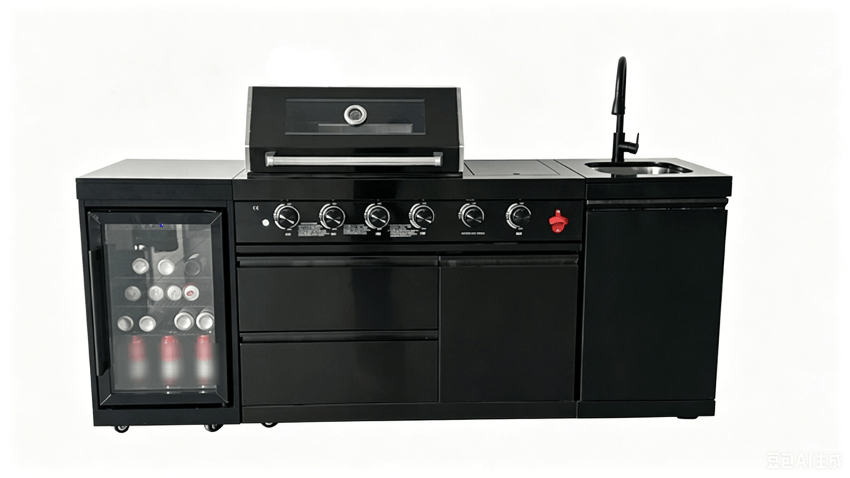 85" 4-Burner 85000 BTU Black Outdoor Kitchen Island Grill with Compact Refrigerator Marble Countertops Sink - Home Outpost Supply