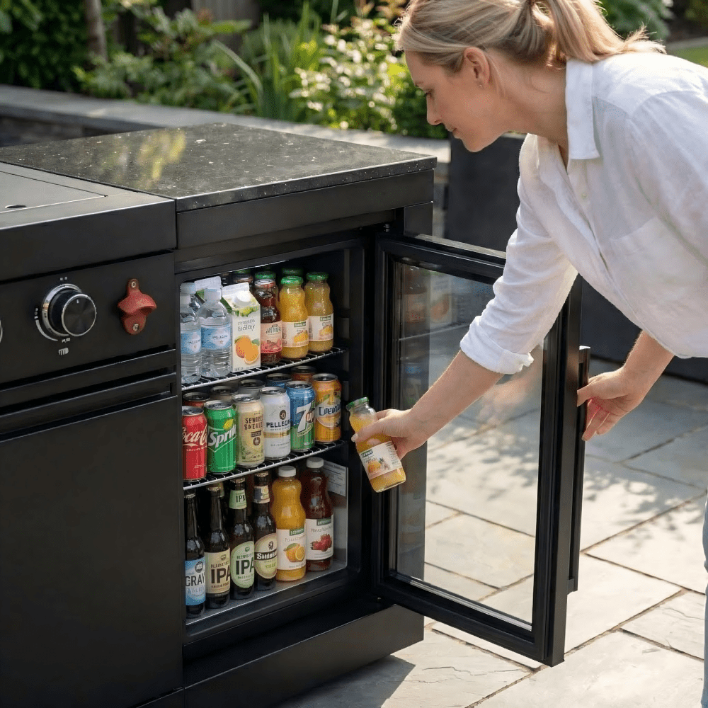 85" 4-Burner 85000 BTU Black Outdoor Kitchen Island Grill with Compact Refrigerator Marble Countertops Sink - Home Outpost Supply