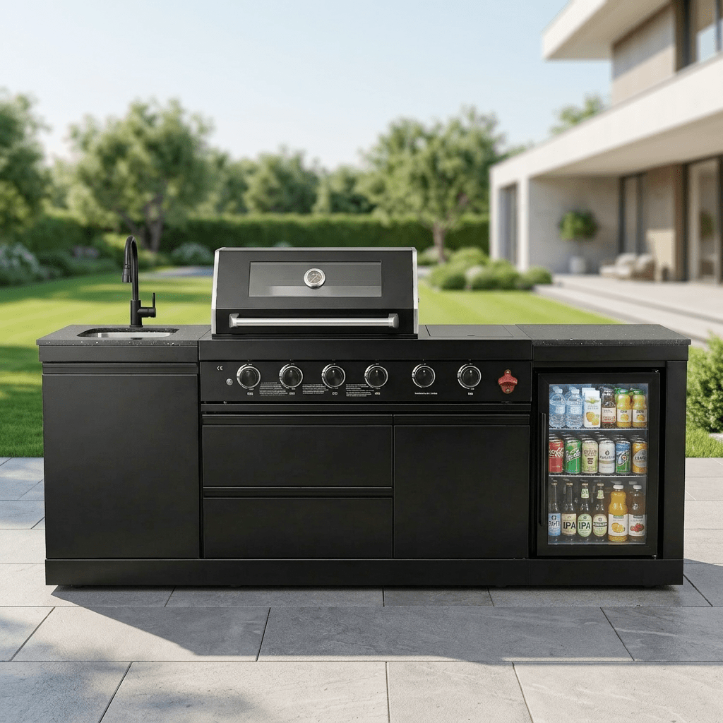 85" 4-Burner 85000 BTU Black Outdoor Kitchen Island Grill with Compact Refrigerator Marble Countertops Sink - Home Outpost Supply