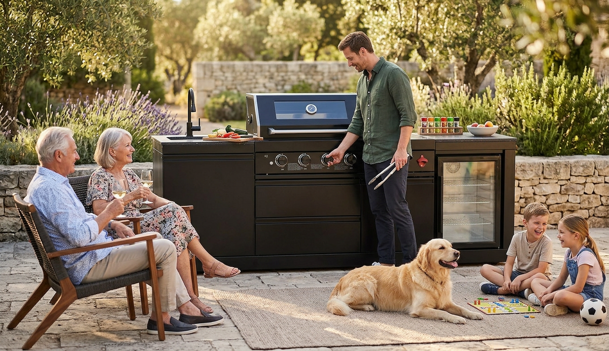 85" 4-Burner 85000 BTU Black Outdoor Kitchen Island Grill with Compact Refrigerator Marble Countertops Sink - Home Outpost Supply