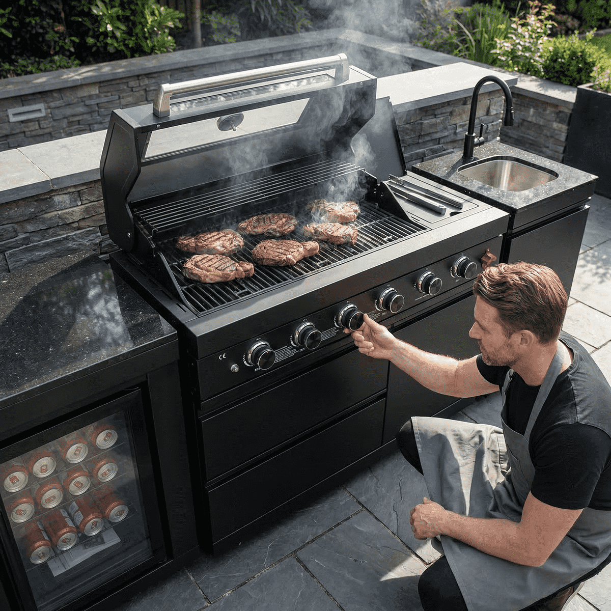 85" 4-Burner 85000 BTU Black Outdoor Kitchen Island Grill with Compact Refrigerator Marble Countertops Sink - Home Outpost Supply