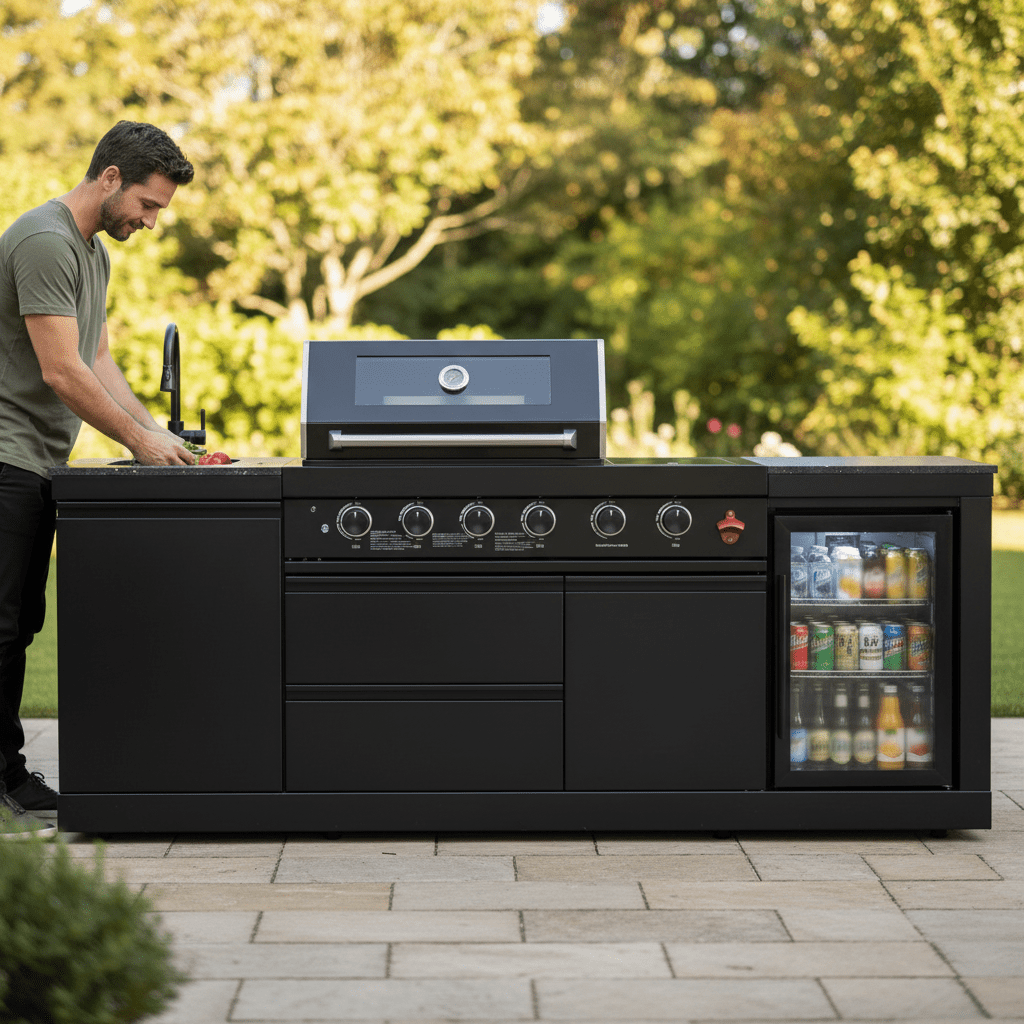 85" 4-Burner 85000 BTU Black Outdoor Kitchen Island Grill with Compact Refrigerator Marble Countertops Sink - Home Outpost Supply
