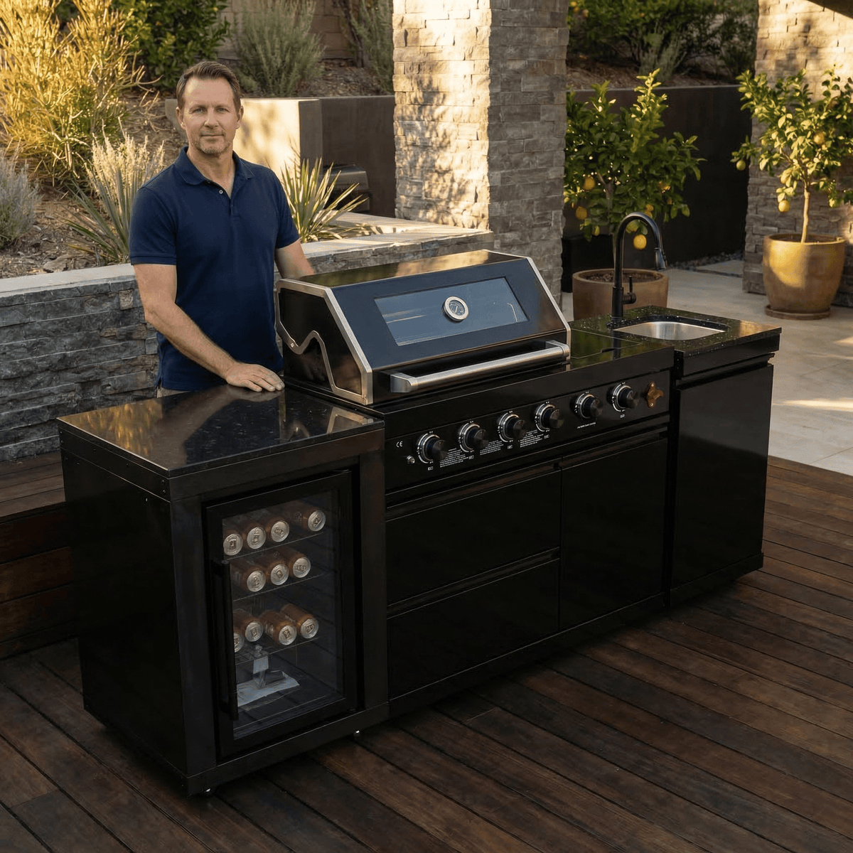 85" 4-Burner 85000 BTU Black Outdoor Kitchen Island Grill with Compact Refrigerator Marble Countertops Sink - Home Outpost Supply
