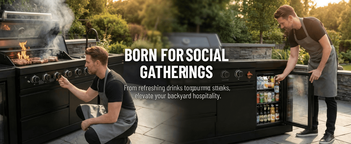 85" 4-Burner 85000 BTU Black Outdoor Kitchen Island Grill with Compact Refrigerator Marble Countertops Sink - Home Outpost Supply